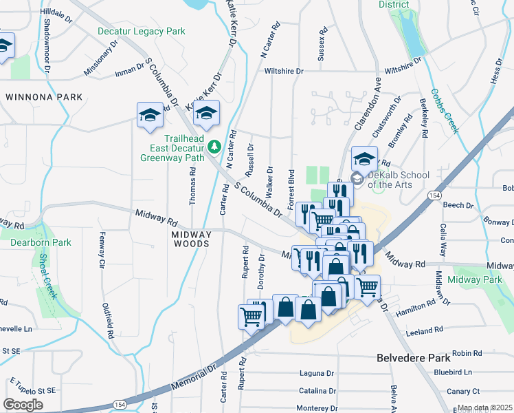 map of restaurants, bars, coffee shops, grocery stores, and more near 991 South Columbia Drive in Decatur