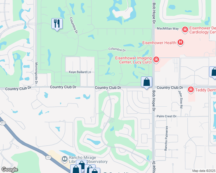 map of restaurants, bars, coffee shops, grocery stores, and more near Country Club Drive & Sunrise Drive in Rancho Mirage