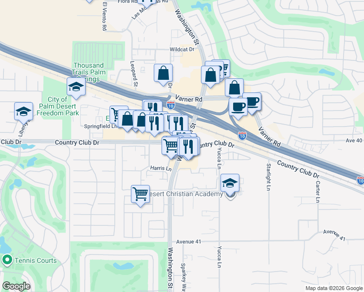 map of restaurants, bars, coffee shops, grocery stores, and more near Washington St & Country Club Dr in Palm Desert