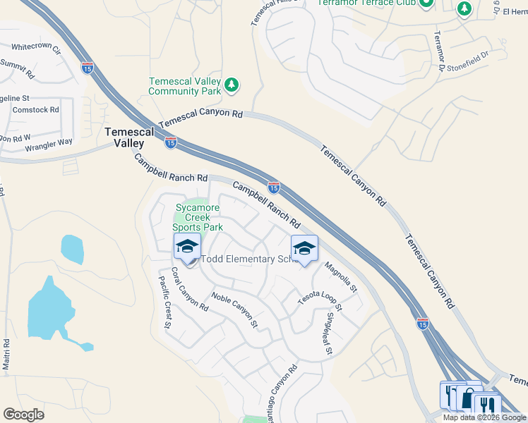 map of restaurants, bars, coffee shops, grocery stores, and more near 11126 Whitebark Lane in Corona