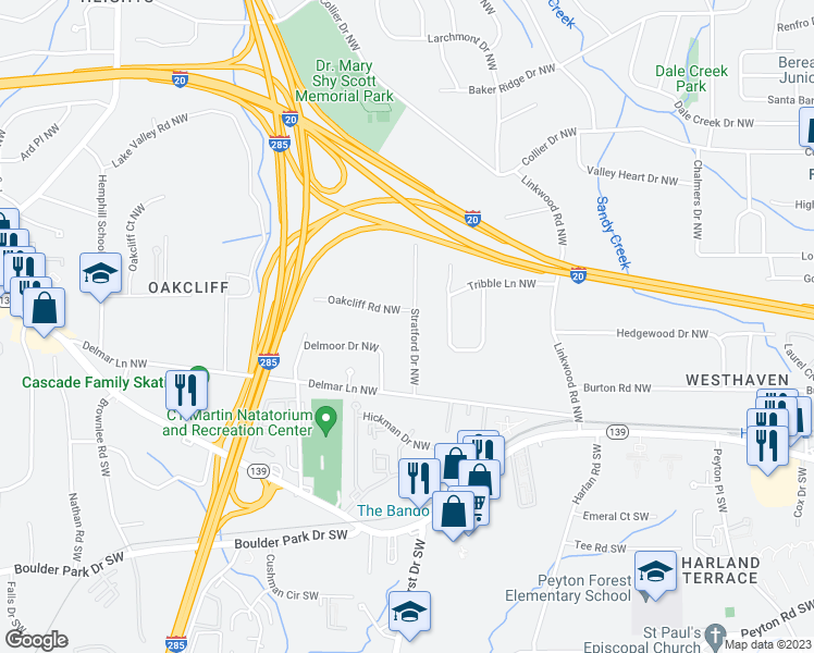 map of restaurants, bars, coffee shops, grocery stores, and more near 86 Stratford Drive Northwest in Atlanta