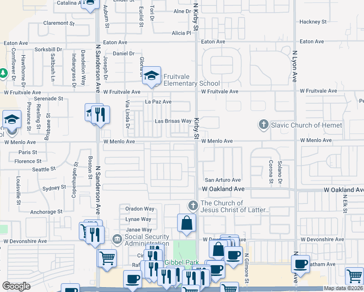 map of restaurants, bars, coffee shops, grocery stores, and more near 601 North Kirby Street in Hemet