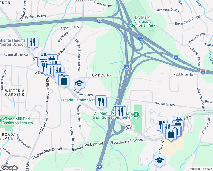 map of restaurants, bars, coffee shops, grocery stores, and more near 3325 Delmar Lane Northwest in Atlanta