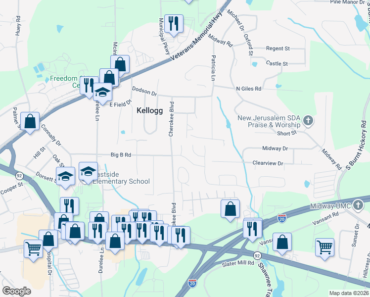 map of restaurants, bars, coffee shops, grocery stores, and more near 5527 Somervale Court in Douglasville