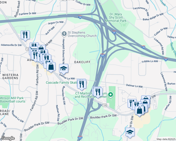 map of restaurants, bars, coffee shops, grocery stores, and more near 3325 Delmar Lane Northwest in Atlanta