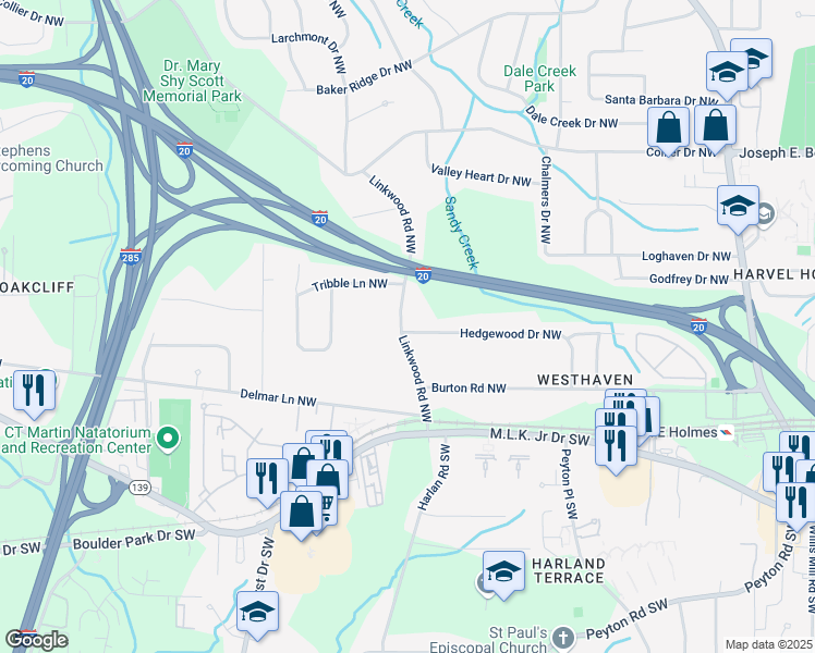 map of restaurants, bars, coffee shops, grocery stores, and more near 2897 Hedgewood Drive Northwest in Atlanta