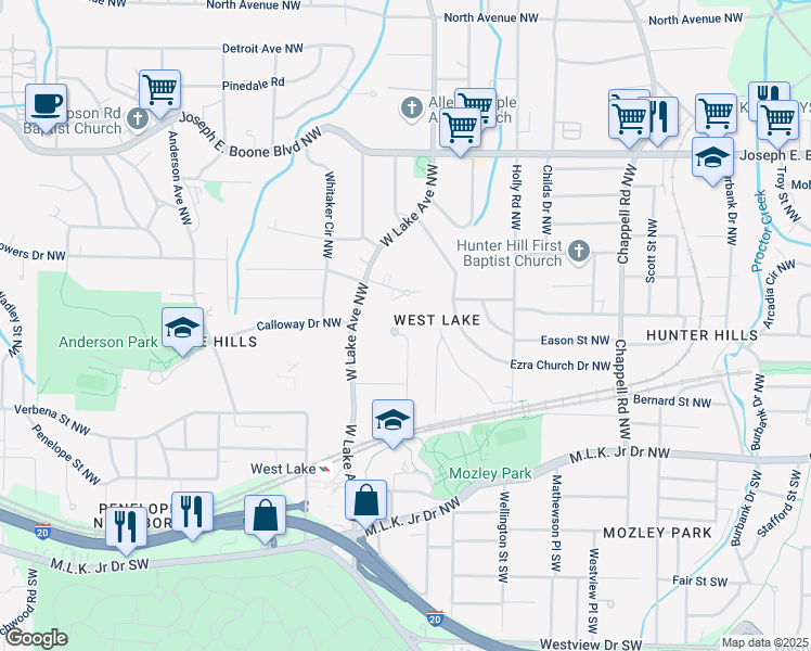 map of restaurants, bars, coffee shops, grocery stores, and more near 111 Leathers Circle Northwest in Atlanta