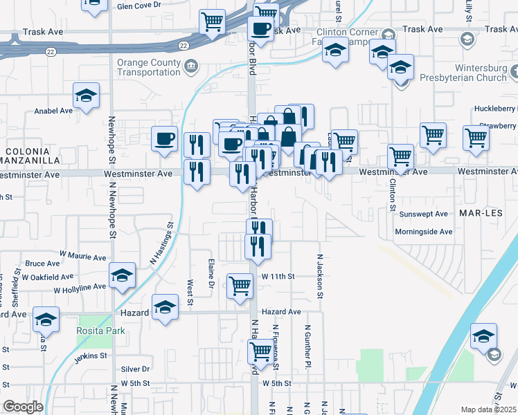 map of restaurants, bars, coffee shops, grocery stores, and more near 1421 North Harbor Boulevard in Santa Ana