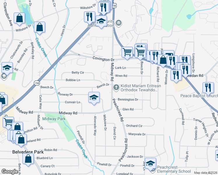 map of restaurants, bars, coffee shops, grocery stores, and more near 3444 Midway Road in Decatur