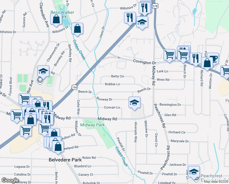 map of restaurants, bars, coffee shops, grocery stores, and more near 3254 Bonway Drive in Decatur