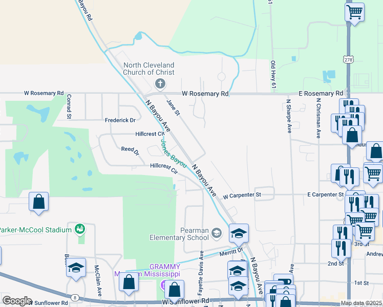 map of restaurants, bars, coffee shops, grocery stores, and more near 628 North Bayou Avenue in Cleveland