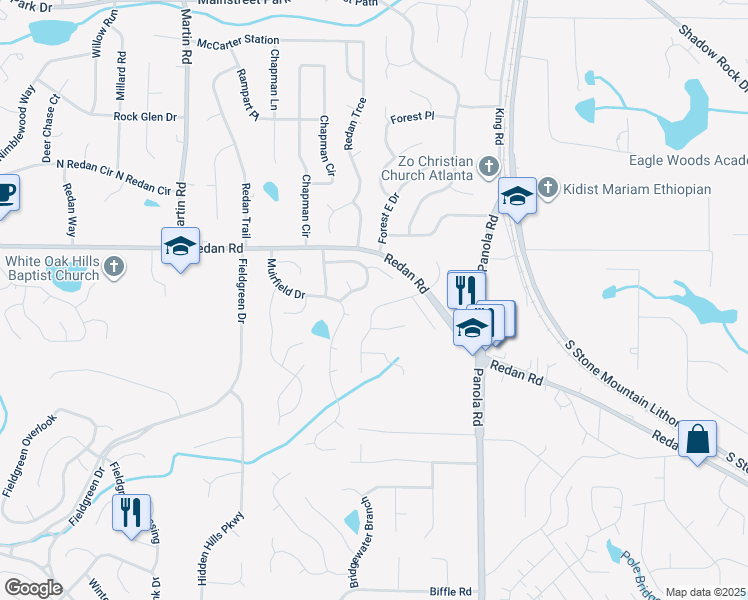 map of restaurants, bars, coffee shops, grocery stores, and more near 5364 Kemper Place in Stone Mountain