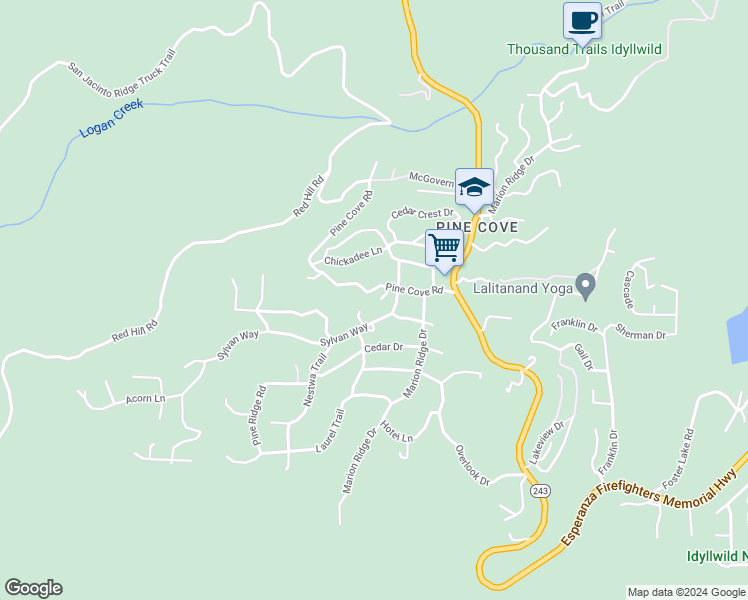 map of restaurants, bars, coffee shops, grocery stores, and more near 52730 Sylvan Way in Idyllwild-Pine Cove