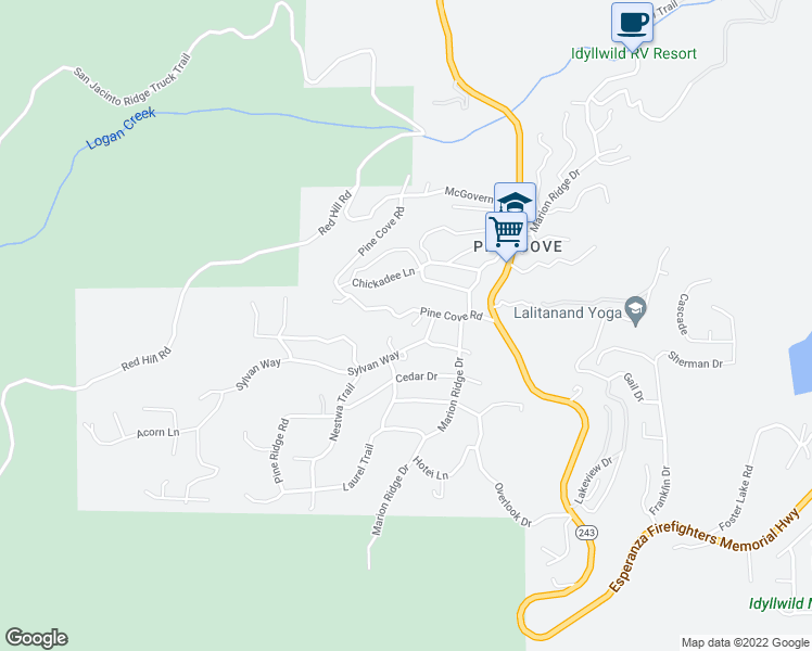 map of restaurants, bars, coffee shops, grocery stores, and more near 52791 Pine Cove Road in Idyllwild-Pine Cove