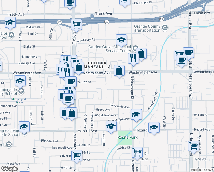 map of restaurants, bars, coffee shops, grocery stores, and more near 1513 Haven Lane in Santa Ana