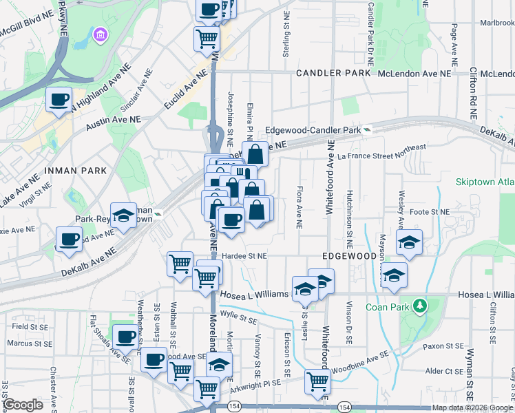 map of restaurants, bars, coffee shops, grocery stores, and more near 1261 Caroline Street Northeast in Atlanta