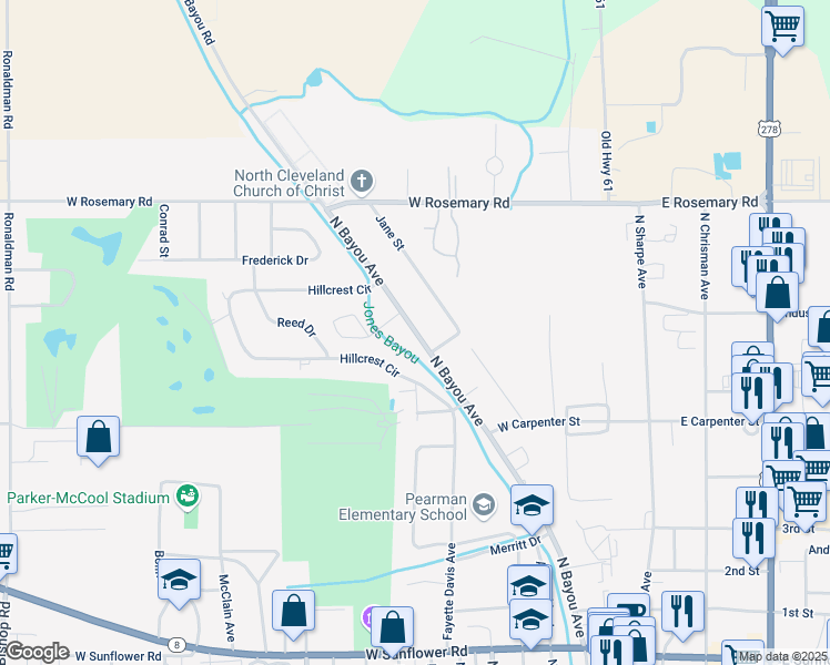 map of restaurants, bars, coffee shops, grocery stores, and more near 628 North Bayou Avenue in Cleveland