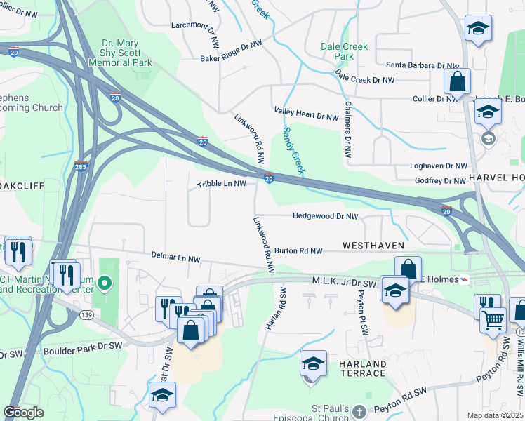 map of restaurants, bars, coffee shops, grocery stores, and more near 2891 Hedgewood Drive Northwest in Atlanta