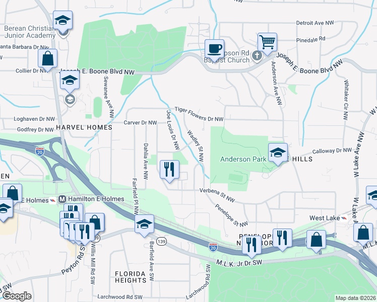 map of restaurants, bars, coffee shops, grocery stores, and more near 2168 Pansy Street Northwest in Atlanta