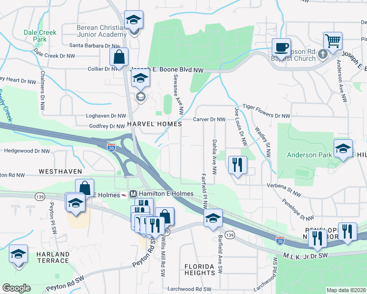 map of restaurants, bars, coffee shops, grocery stores, and more near 145 Sewanee Avenue Northwest in Atlanta