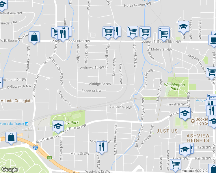 map of restaurants, bars, coffee shops, grocery stores, and more near 125 Chappell Road Southwest in Atlanta