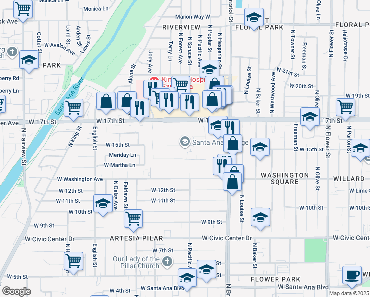 map of restaurants, bars, coffee shops, grocery stores, and more near 1530 West 17th Street in Santa Ana