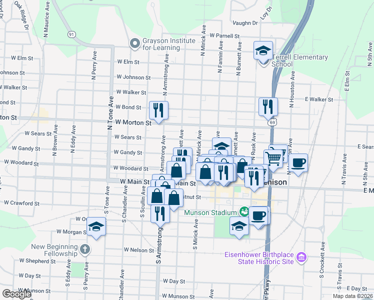 map of restaurants, bars, coffee shops, grocery stores, and more near 630 West Gandy Street in Denison
