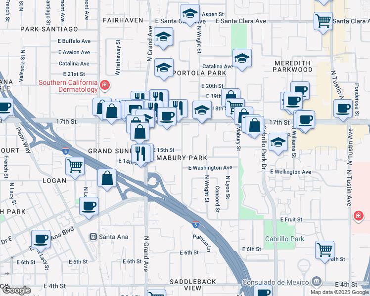 map of restaurants, bars, coffee shops, grocery stores, and more near in Santa Ana