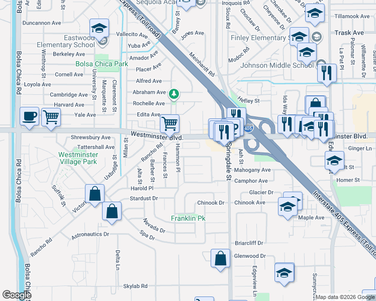 map of restaurants, bars, coffee shops, grocery stores, and more near 5770 Centerstone Court in Westminster