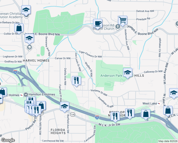 map of restaurants, bars, coffee shops, grocery stores, and more near 226 Wadley Street Northwest in Atlanta