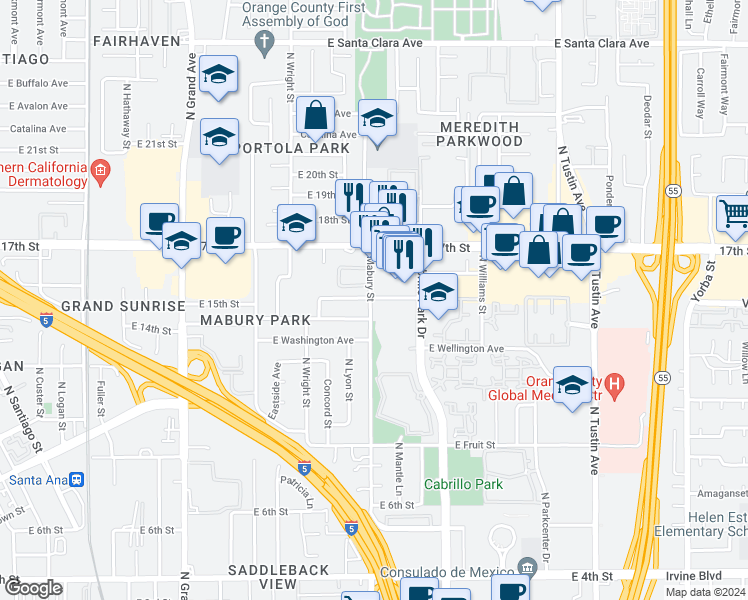 map of restaurants, bars, coffee shops, grocery stores, and more near 1450 Cabrillo Park Drive in Santa Ana