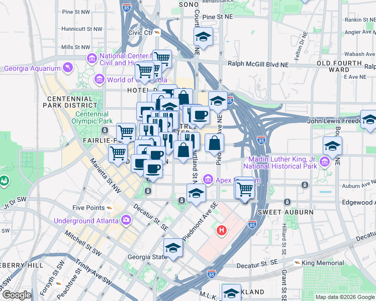 map of restaurants, bars, coffee shops, grocery stores, and more near 89 Ellis Street Northeast in Atlanta