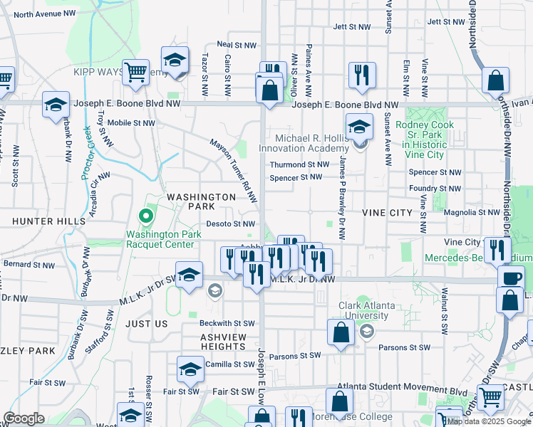 map of restaurants, bars, coffee shops, grocery stores, and more near 117 Joseph E. Lowery Boulevard Northwest in Atlanta