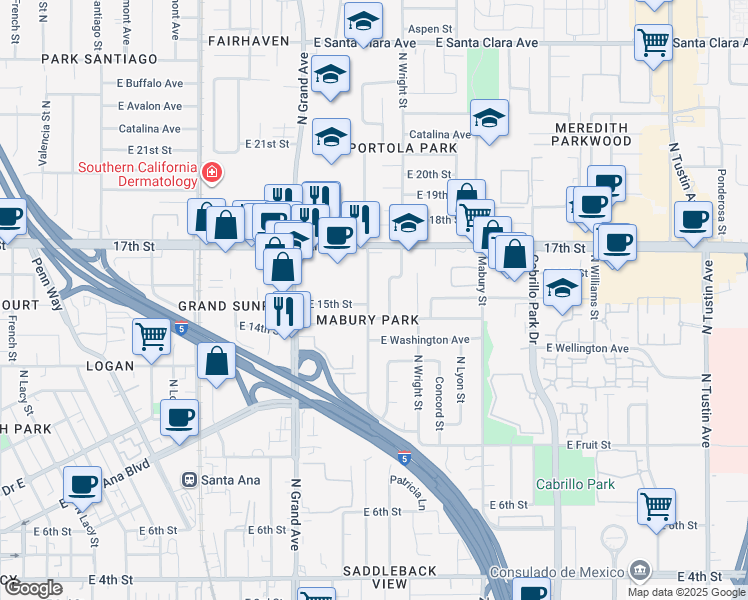 map of restaurants, bars, coffee shops, grocery stores, and more near in Santa Ana