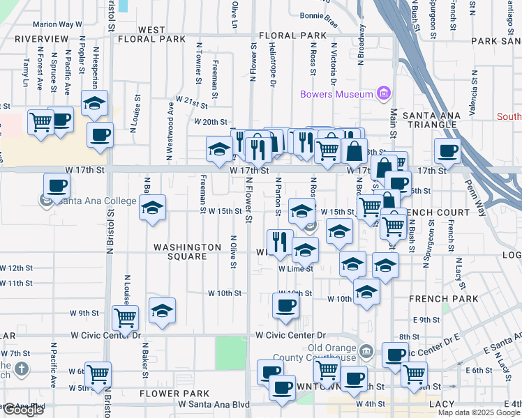 map of restaurants, bars, coffee shops, grocery stores, and more near 1419 North Flower Street in Santa Ana