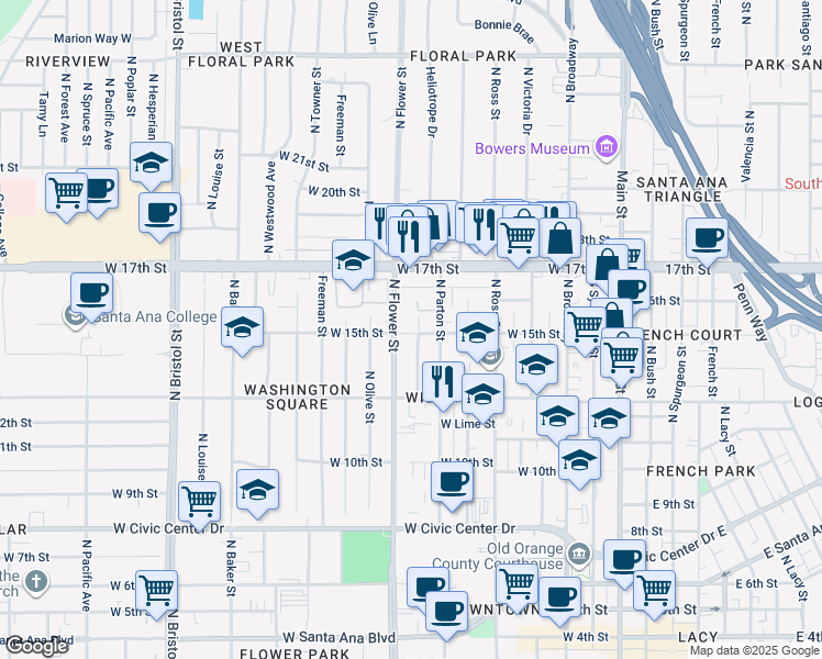map of restaurants, bars, coffee shops, grocery stores, and more near 1419 North Flower Street in Santa Ana