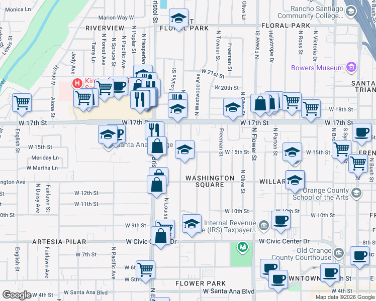 map of restaurants, bars, coffee shops, grocery stores, and more near 1317 North Baker Street in Santa Ana