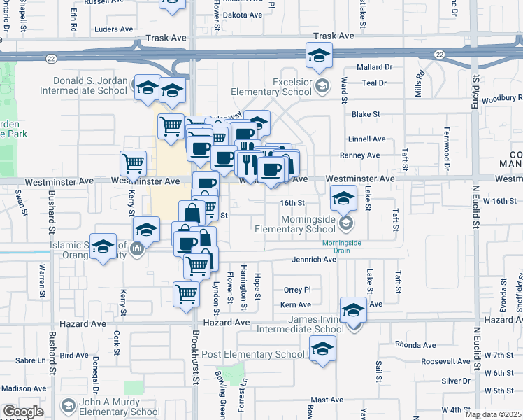 map of restaurants, bars, coffee shops, grocery stores, and more near 10212 15th Street in Garden Grove