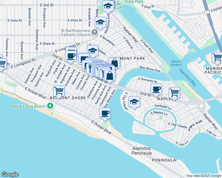 map of restaurants, bars, coffee shops, grocery stores, and more near 169 Bay Shore Avenue in Long Beach