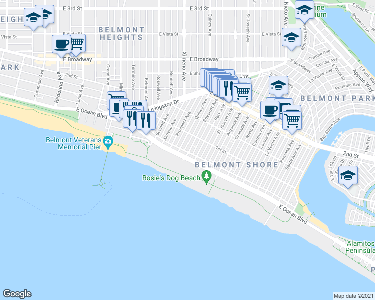 map of restaurants, bars, coffee shops, grocery stores, and more near 4623 East Ocean Boulevard in Long Beach