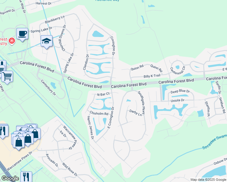 map of restaurants, bars, coffee shops, grocery stores, and more near 111 Covington Lakes Drive in Myrtle Beach