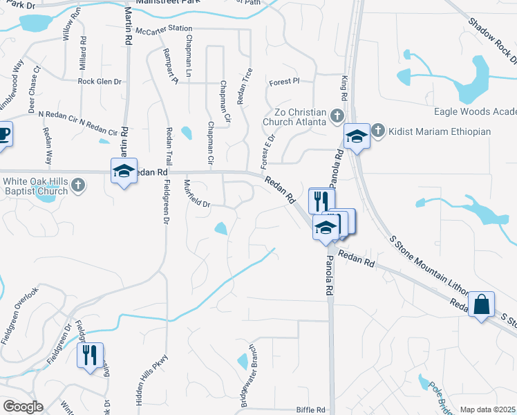 map of restaurants, bars, coffee shops, grocery stores, and more near 5364 Kemper Place in Stone Mountain