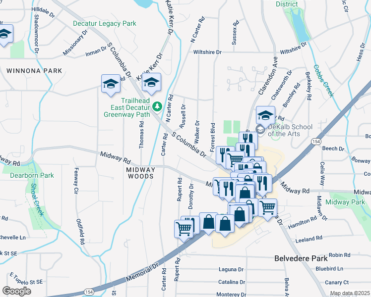 map of restaurants, bars, coffee shops, grocery stores, and more near 985 South Columbia Drive in Decatur