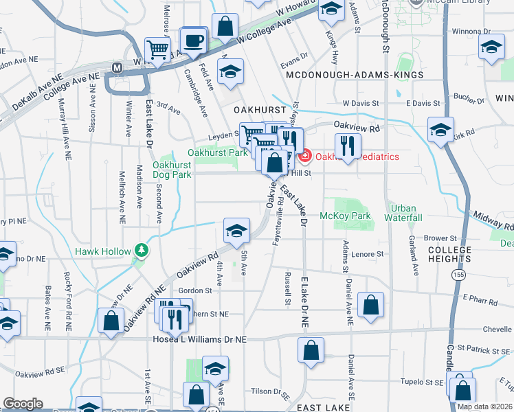 map of restaurants, bars, coffee shops, grocery stores, and more near 1111 Oakview Road in Decatur