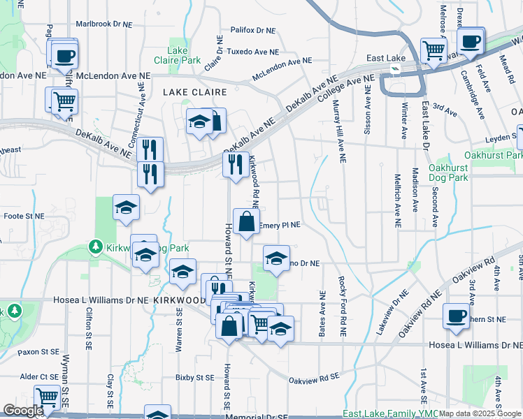 map of restaurants, bars, coffee shops, grocery stores, and more near 2036 Emery Place Northeast in Atlanta