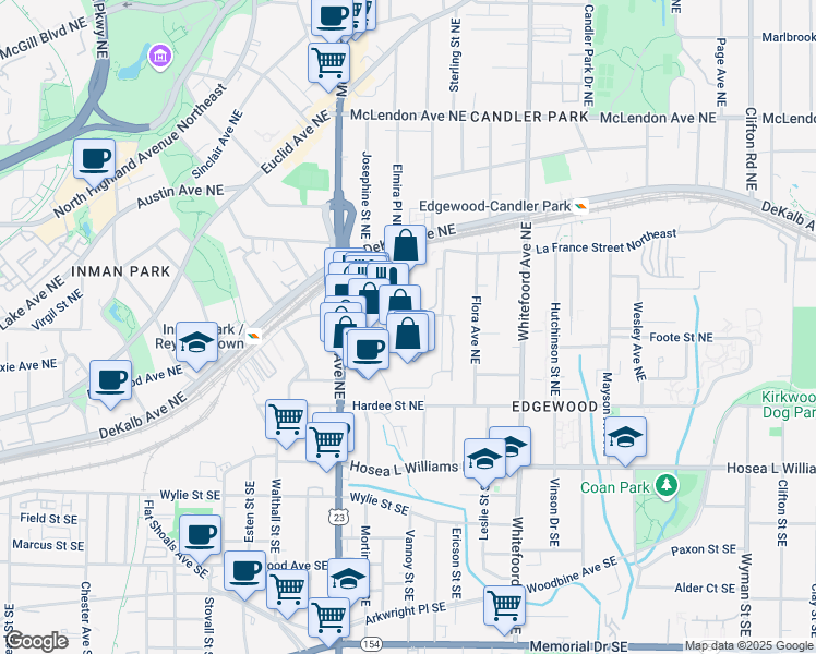 map of restaurants, bars, coffee shops, grocery stores, and more near 1261 Caroline Street Northeast in Atlanta
