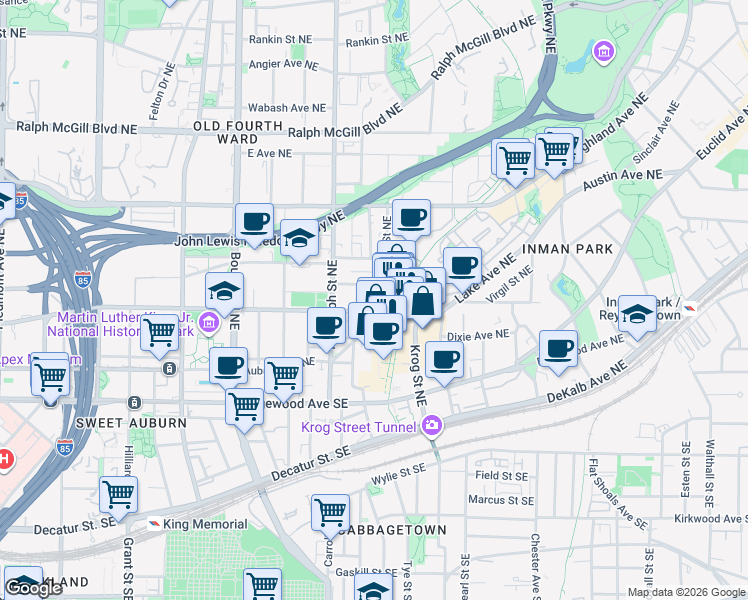 map of restaurants, bars, coffee shops, grocery stores, and more near 631 Irwin Street Northeast in Atlanta
