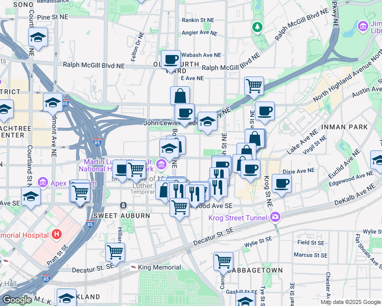 map of restaurants, bars, coffee shops, grocery stores, and more near 521 Irwin Street Northeast in Atlanta