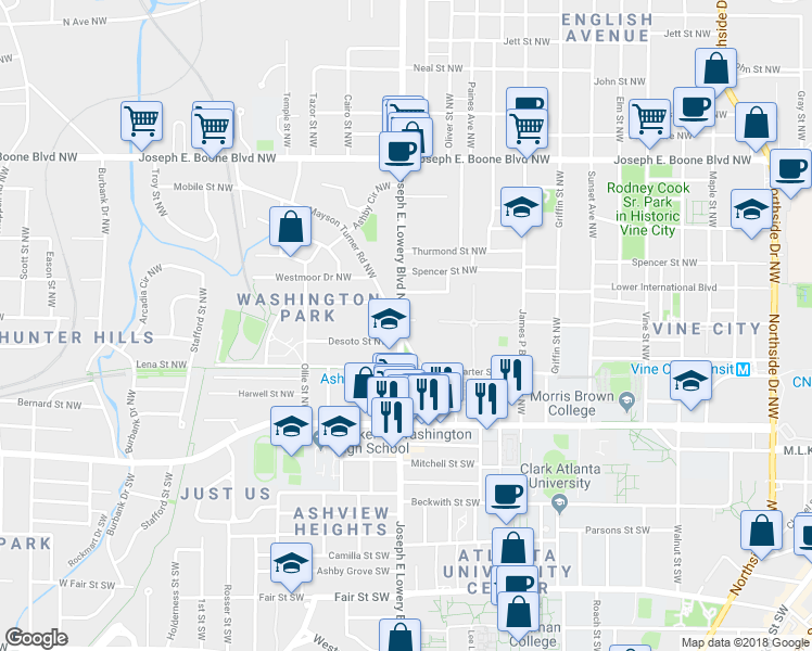 map of restaurants, bars, coffee shops, grocery stores, and more near 117 Joseph E. Lowery Boulevard Northwest in Atlanta