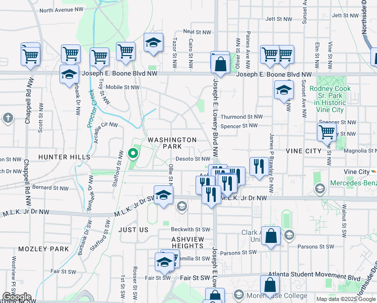 map of restaurants, bars, coffee shops, grocery stores, and more near 977 Desoto Street Northwest in Atlanta